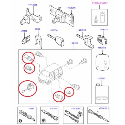 комплект личинок 06-13 (2 двери-капот-бак-зажигание-(2 рогатины) двери  для Форд Транзит